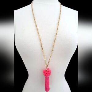 J.Crew Flower Beaded Enamel Pink Tassel Pendant Necklace.